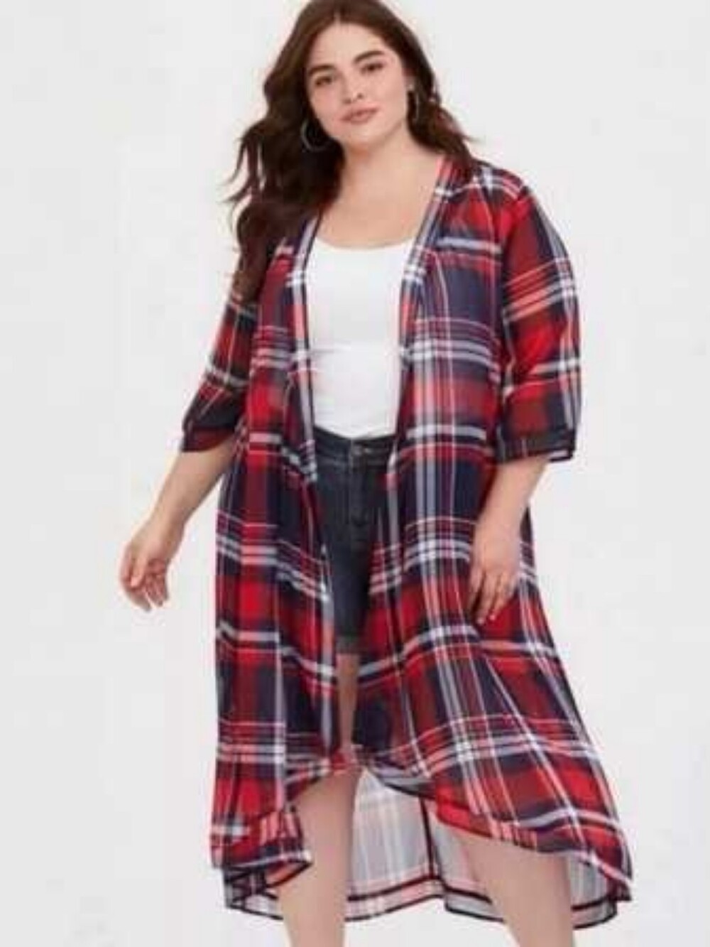 Torrid Plaid Red & Blue Maxi Kimono Plus Size 1x/2x 1/2
